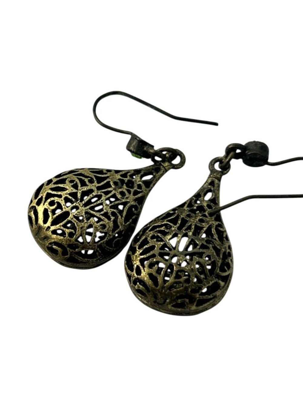 Silver Tone Openwork Teardrop Earrings Green Crystal Dangle Boho Ornate - Picture 3 of 5
